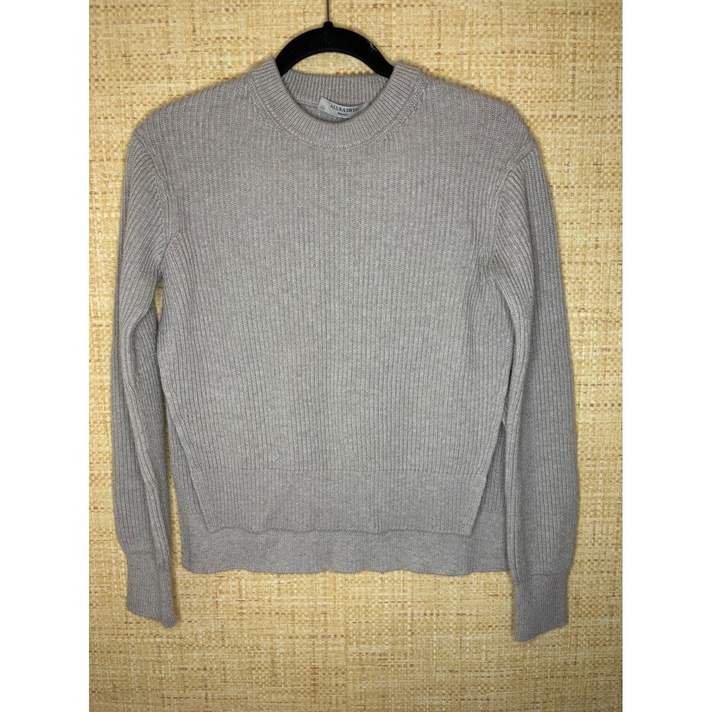 AllSaints Grey Ribbed Knit Crew Neck Sweater High Low Side Slit Small
